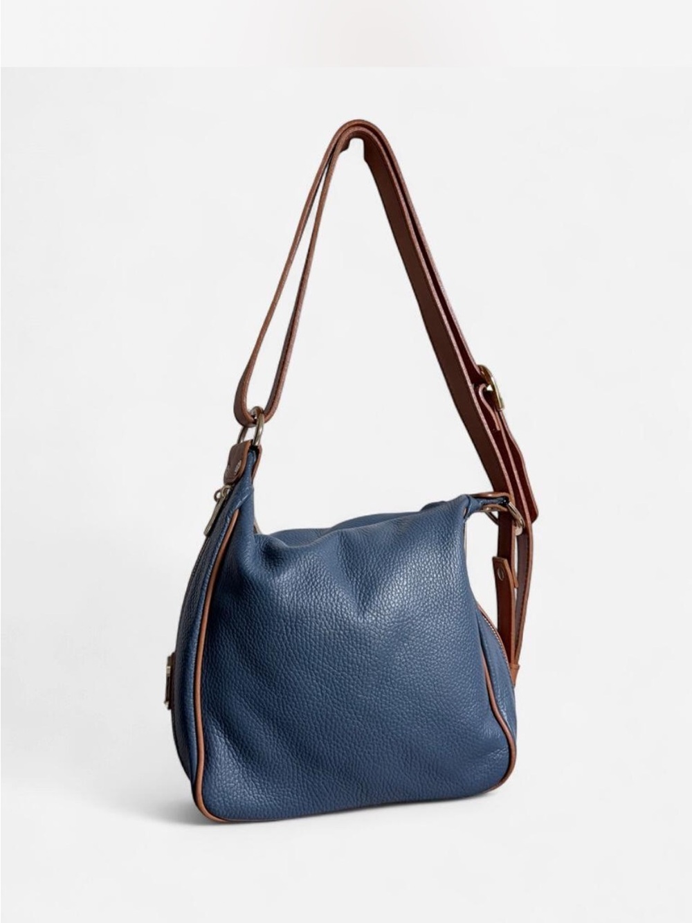 Valentina Navy Shoulder Bag with Brown Trim